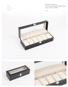 Detailed macro view of 6-slot watch box with needle-hole texture and clear glass lid