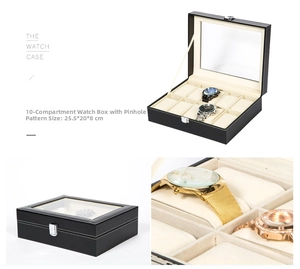 Detailed views of 10-slot black leather watch box with glass lid and velvet pillows