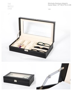 Detail of 6-watch and 3-eyeglass storage box with pinhole leather and clear top lid