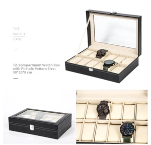 Detail view of 12-slot black leather watch box with glass window and size dimensions