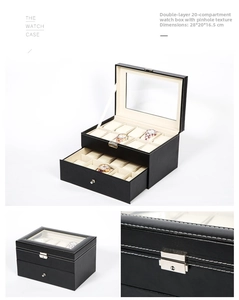 Detail view of double-layer 20-slot watch box with pinhole PU leather and glass lid