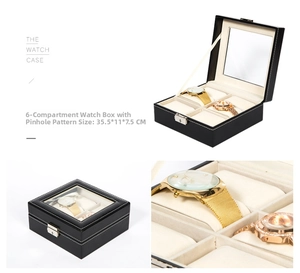 6-slot black leather watch box with glass lid, white stitching and metal buckle closure