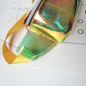 Trendy holographic PVC fanny pack with vibrant yellow strap and metallic zipper closure