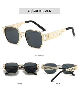 Retro punk metal sunglasses with C3 gold frame and black lenses shown from multiple angles