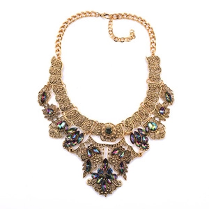 Detail view of multi-layered pearl crystal drop necklace with colorful AB rhinestones