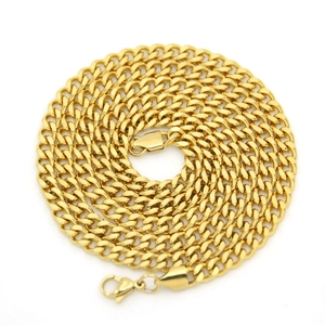 Detailed view of coiled 3mm gold stainless steel Cuban chain with a secure clasp closure