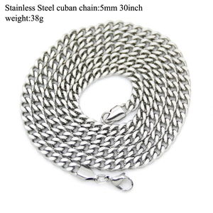 Close-up of 5mm wide 30-inch silver stainless steel Cuban link chain with lobster clasp