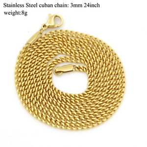 Detailed close-up of 3mm golden stainless steel cuban chain necklace, 24 inches long