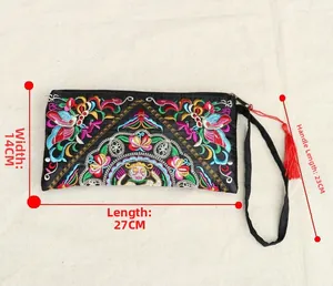 Ethnic embroidery handbag dimensions detail with 27cm length and colorful floral patterns