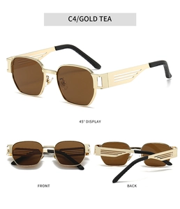 Detail view of gold metal vintage square sunglasses with hollow temple design and tea lenses