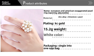 Detailed specs of adjustable KC gold pearl ring with large pearls and rhinestones