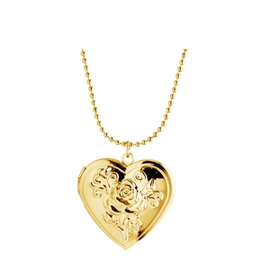 Collier médaillon coeur doré avec relief rose et chaîne à billes sur fond blanc