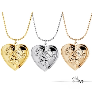 Detailed relief rose pattern on gold, silver, and rose gold heart locket pendants