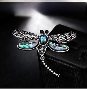 Macro shot of dragonfly brooch with abalone shell wings and vintage silver details