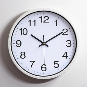 Modern 30cm white minimalist wall clock with black Arabic numerals and metal frame