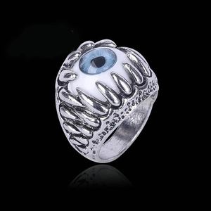 Gothic evil eye ring in vintage silver finish with a detailed blue glass eyeball inlay