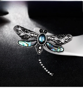 Detail of dragonfly brooch with shell wings and black rhinestones on ceramic base