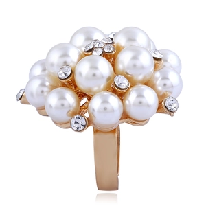 Elegant gold-tone adjustable cluster ring featuring faux pearls and crystal accents