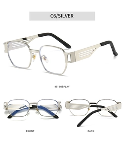 Macro detail of silver C6 sunglasses frame with hollow temple design and silicone nose pads