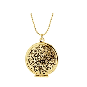 Golden round floating locket necklace with floral engraving on a beaded chain