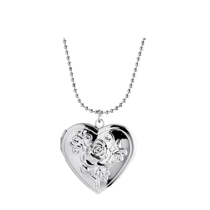 Macro detail of silver heart locket necklace with embossed rose and bead chain link