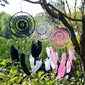 Handmade Dream Catcher Feather Beads Lace Woven Wall Hanging LED Glow Home Decor Bohemian Romantic Ornament Gift Bedroom Interior