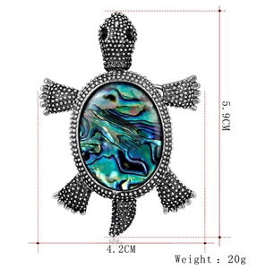 Detail view of retro turtle brooch with abalone shell inlay measuring 5.9CM by 4.2CM