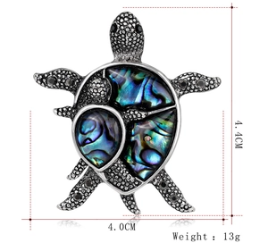 Detailed view of turtle brooch with abalone shell inlay measuring 4.4cm by 4.0cm