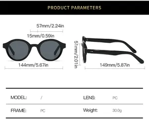 Detailed size specifications for oval sunglasses showing frame measurements and PC material