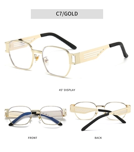 Detailed views of gold square metal sunglasses with hollow temples and black tips