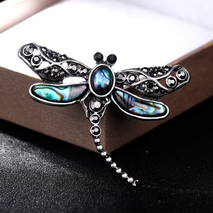 Exquisite silver dragonfly brooch with black rhinestones and iridescent abalone shell