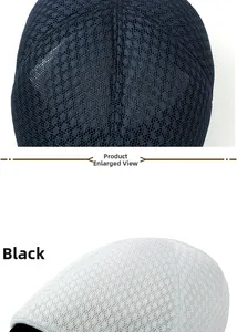 Macro detail of breathable mesh fabric on summer berets in navy blue and light grey colors