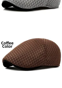 Detail view of coffee and grey breathable mesh flat caps with honeycomb texture