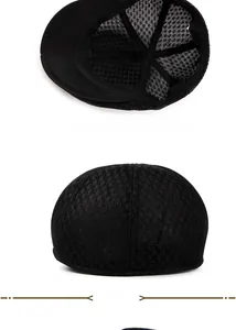 Detail of black mesh newsboy cap showing breathable fabric and reinforced brim design
