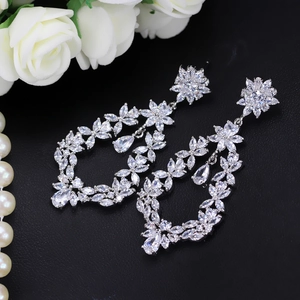 Elegant floral silver drop earrings with AAA cubic zirconia in sparkling petal design