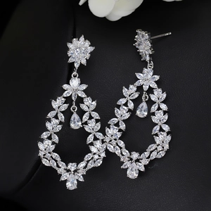 Elegant floral drop earrings with AAA cubic zirconia in silver tone for women