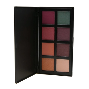 Detailed view of 8-color matte and shimmer eyeshadow palette with mirror in black case