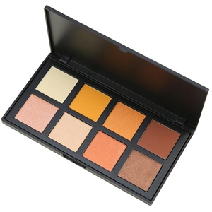 Top view of open 8-color eyeshadow palette with matte and shimmer neutral earth tones
