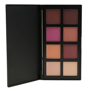 Close-up of 8-color matte and shimmer eyeshadow palette with warm earth tones