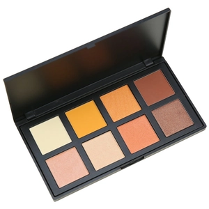 Close-up of 8-color matte and shimmer eyeshadow palette with warm tones and built-in mirror