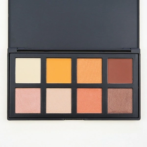 Top view of 8-color eyeshadow palette with matte and shimmer textures in black case
