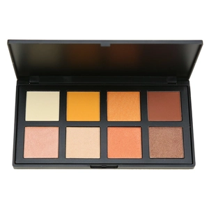 Detailed top view of 8-color matte and shimmer eyeshadow palette in black compact
