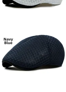 Detail of navy blue breathable mesh fabric on a stylish newsboy cap for summer