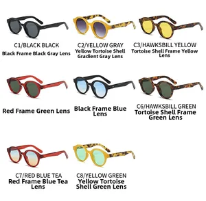 Detailed grid view of oval sunglasses in 8 assorted retro colors and frame textures