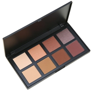 Detail view of 8-color matte and shimmer neutral eyeshadow palette in a sleek black case