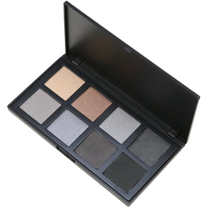 Detail view of the 8-color matte and shimmer eyeshadow palette in a black case