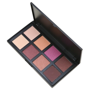Top view of 8-color matte and shimmer eyeshadow palette in sleek black case