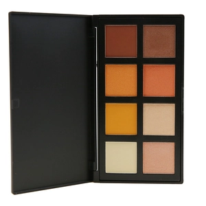 Detail view of open 8-color matte and shimmer eyeshadow palette in earth tones