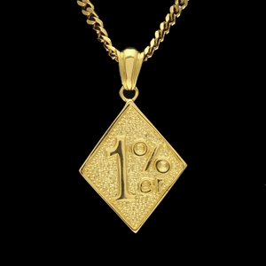 Detail of gold-plated 1%er diamond-shaped pendant on a heavy curb chain necklace