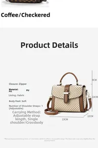 Detailed view of checkered crossbody bag dimensions: 23x18x12cm with adjustable strap